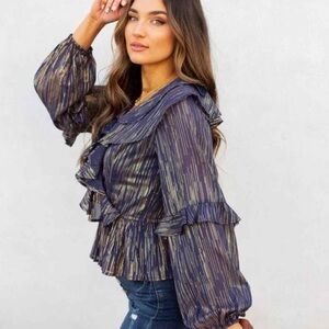 Aeom Navy Metallic Gold Ruffled Blouse Sz S